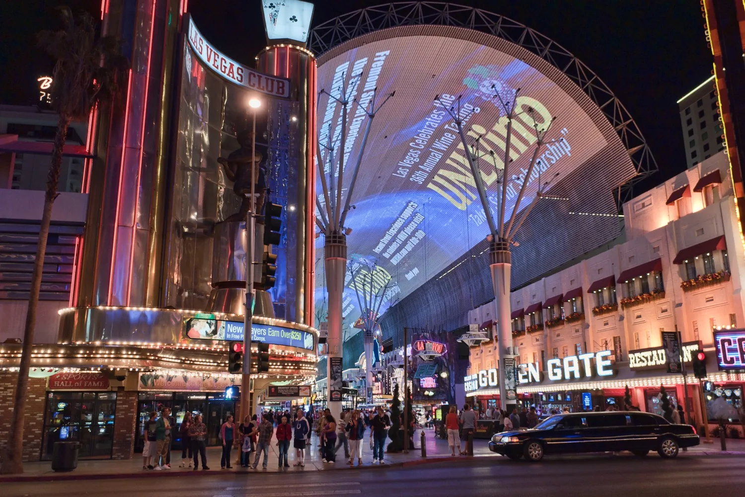 The neon lights of Fremont Street in Las Vegas at night